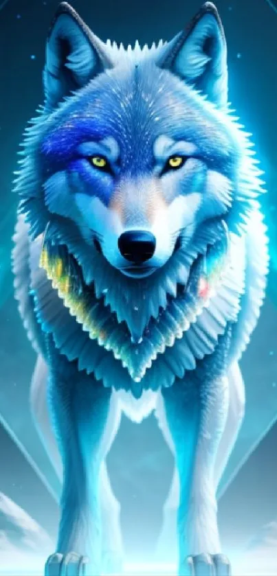 Mystical blue wolf with neon glow in digital art.