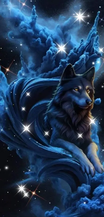 Mystical blue wolf surrounded by stars in a cosmic scene.