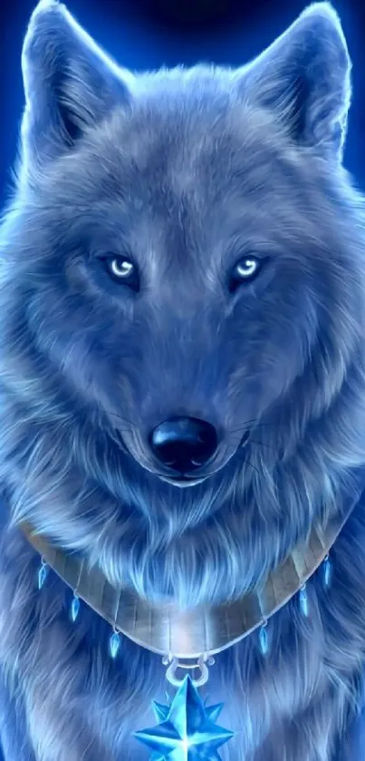 Stunning blue wolf artwork with radiant mystical tones.