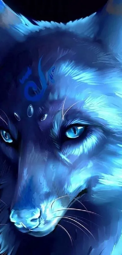 Mystical blue wolf with symbolic designs in digital art style.