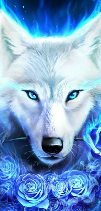 Mystical white wolf surrounded by glowing blue roses.