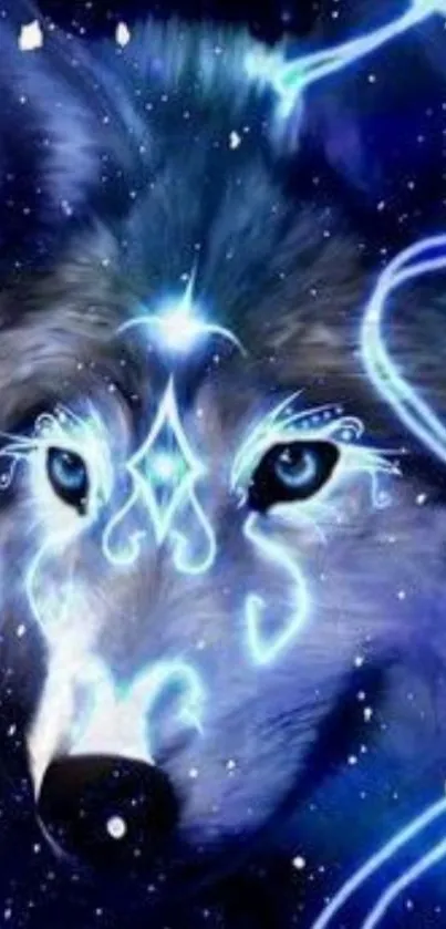 Mystical blue wolf with glowing accents on cosmic background.