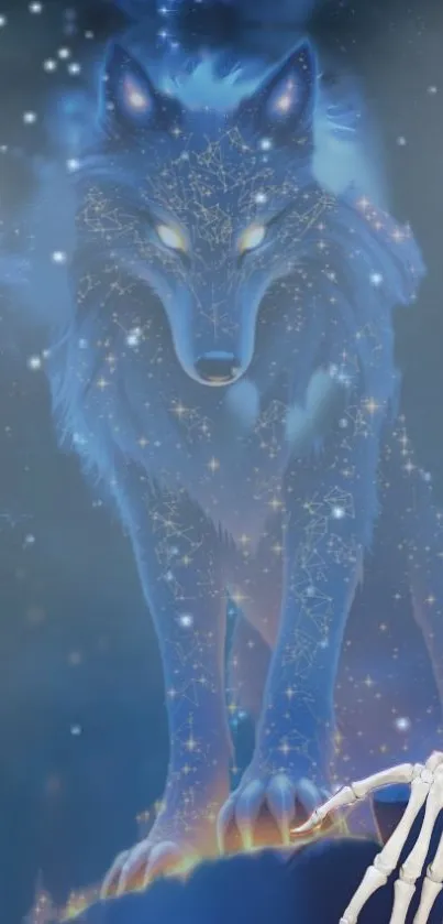 Mystical blue wolf with a cosmic aura.