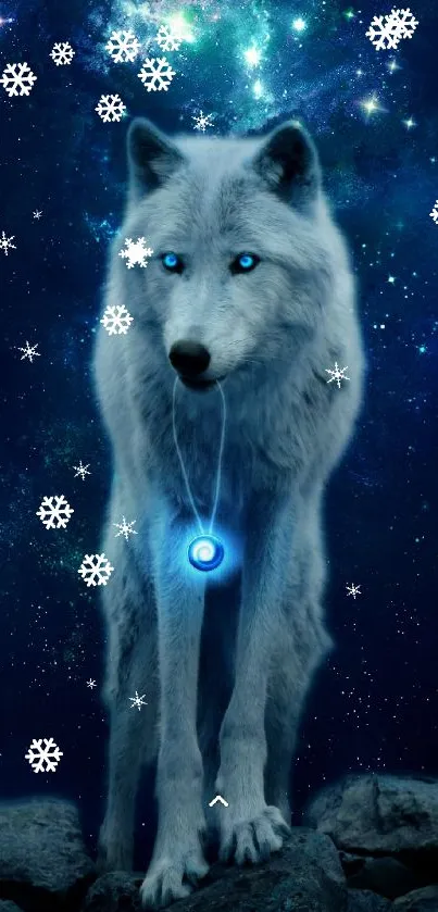 Enigmatic blue wolf in a starry galaxy setting, glowing eyes on dark background.