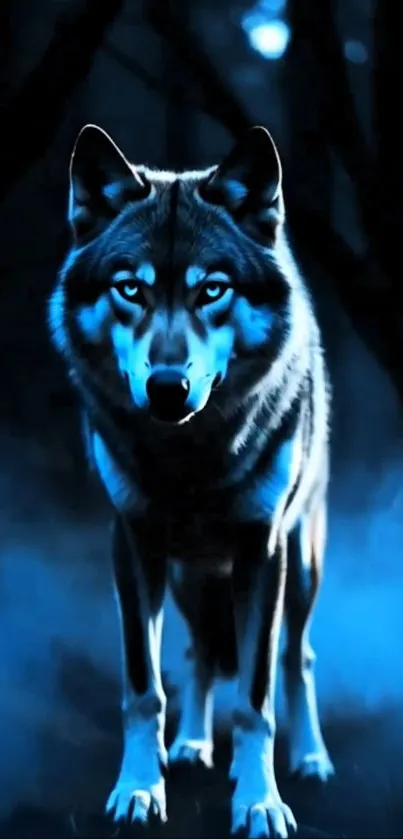 A mystical blue-toned wolf in a dark forest setting at night.