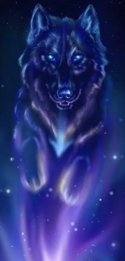 Ethereal blue wolf glowing in a mystical, starry night setting.