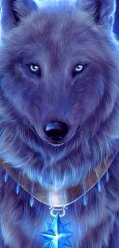 Mystical blue wolf with glowing necklace.