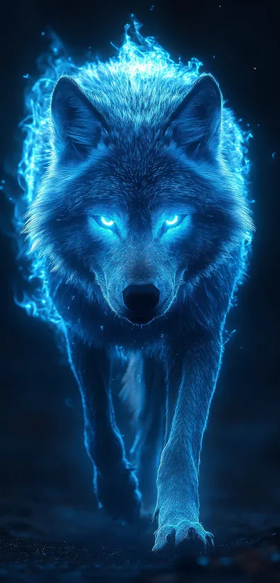 Mystical blue wolf with glowing eyes and aura in the dark background.