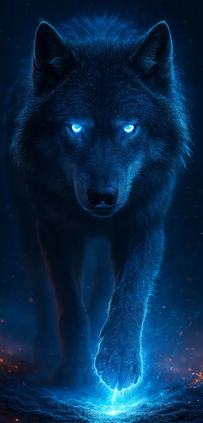 Mystical blue wolf with glowing eyes.