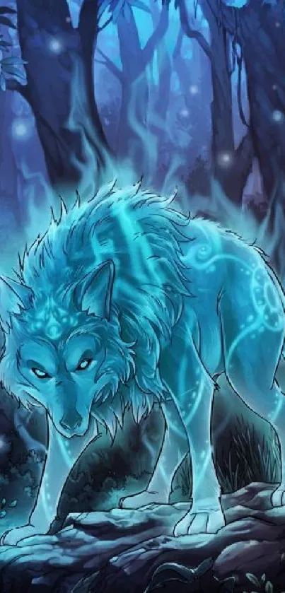 Mystical blue wolf in enchanted forest mobile wallpaper.