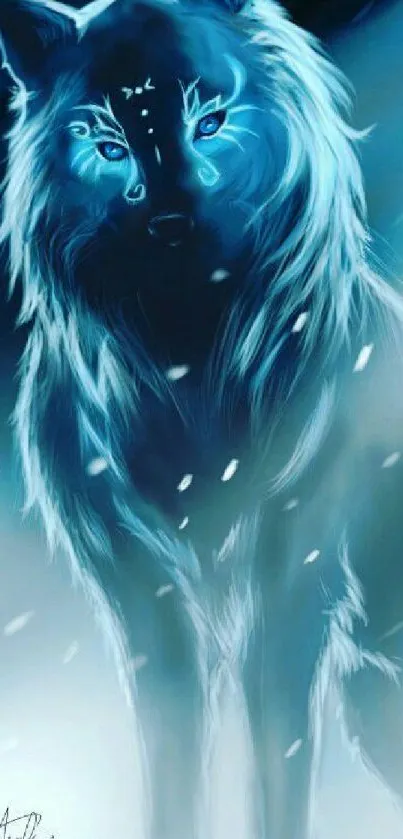 Mystical blue wolf with a glowing aura on a dark background.