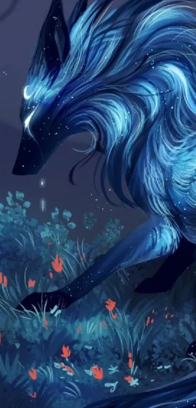 Mystical blue wolf in moonlit forest setting wallpaper.