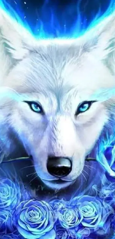 Mystical blue-themed wolf with roses mobile wallpaper with vivid colors.