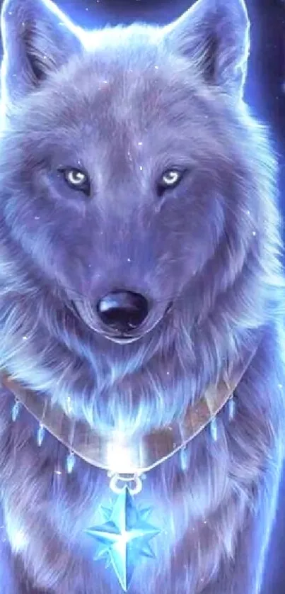 Mystical blue wolf with celestial jewelry under night sky.