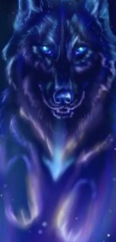 Mystical blue wolf with glowing eyes in the night sky wallpaper.