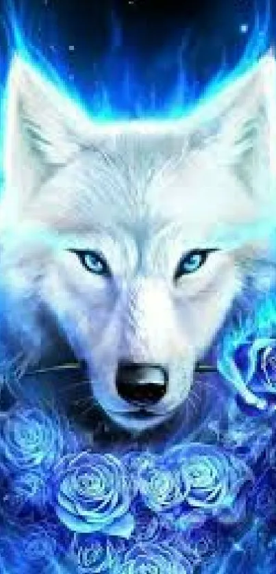 Mystical blue wolf with glowing roses wallpaper.