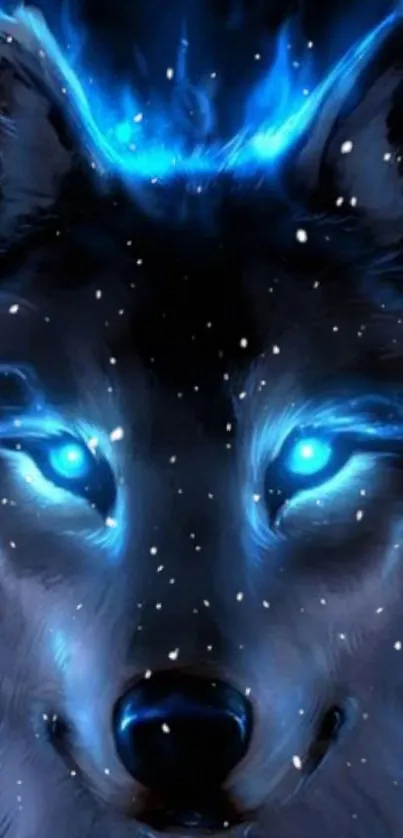 Mystical blue wolf with glowing eyes in a snowy, dark setting.