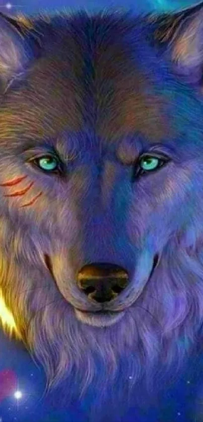 Fantasy blue wolf with glowing eyes in a mystical setting.