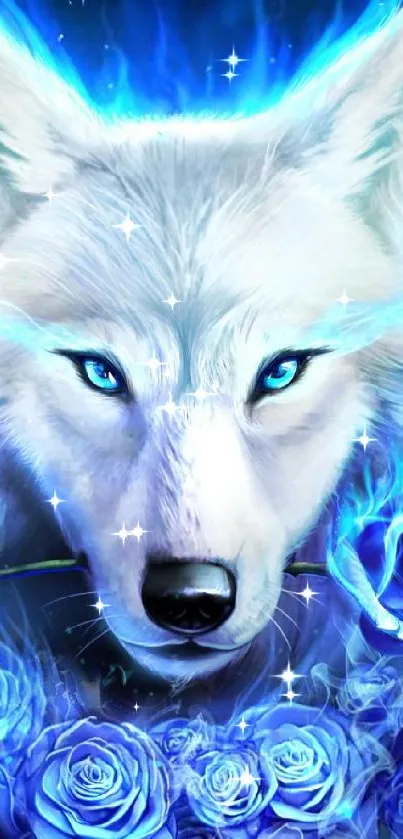 Mystical blue wolf with glowing eyes and roses.