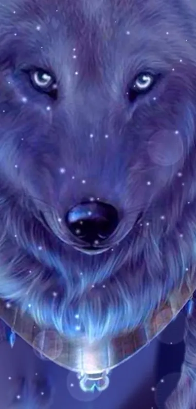 Mystical blue wolf with glowing eyes and ethereal background design.