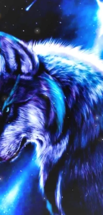 Vibrant blue wolf in a mystical galaxy setting.