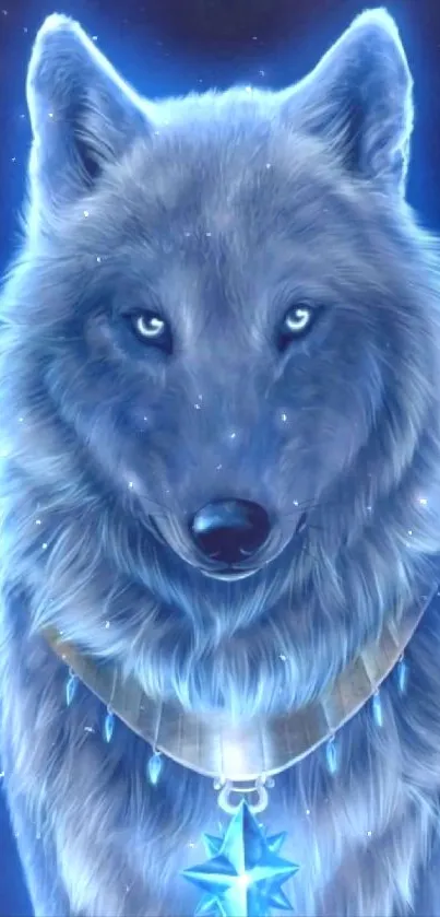 Mystical blue wolf with shining eyes and a star necklace.