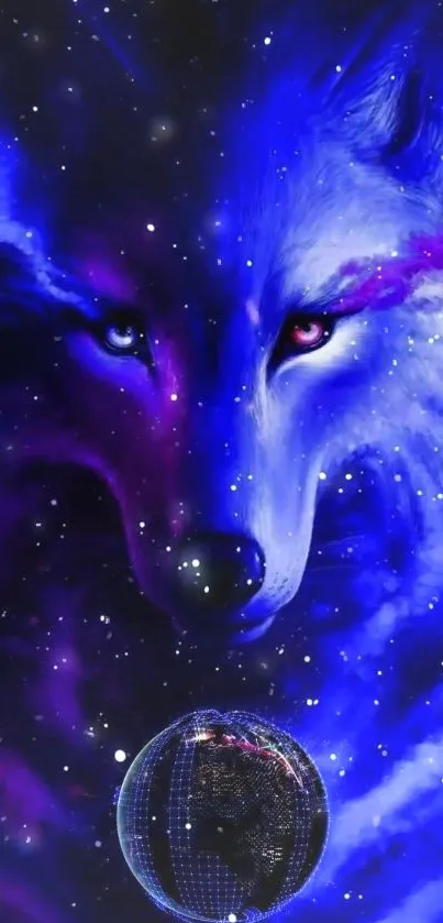 Mystical blue wolf in cosmic galaxy wallpaper.