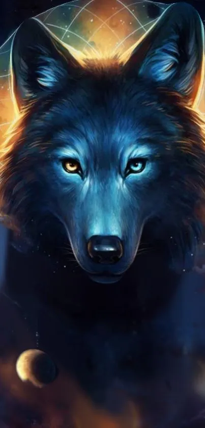 Mystical blue wolf with a cosmic background.