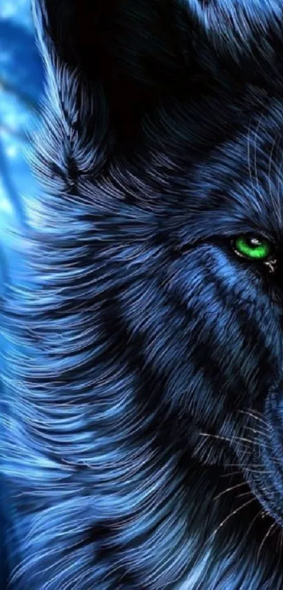 Captivating mystical blue wolf with glowing eyes in a forest setting.