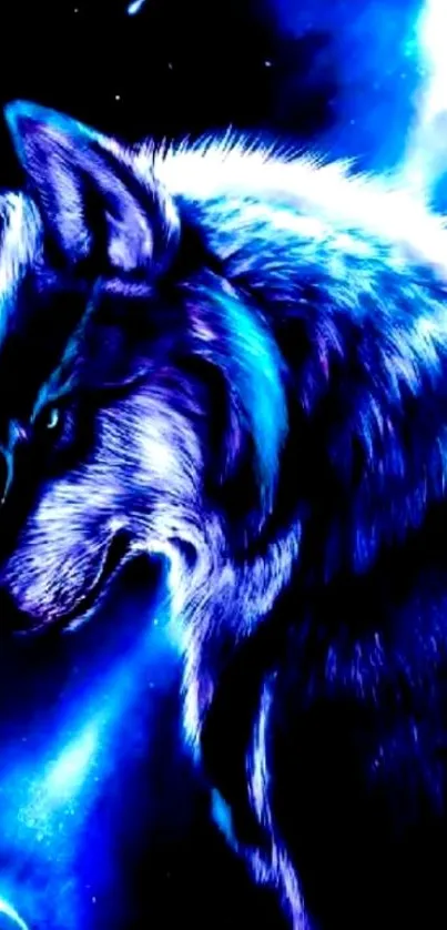 Mystical blue wolf in cosmic scene