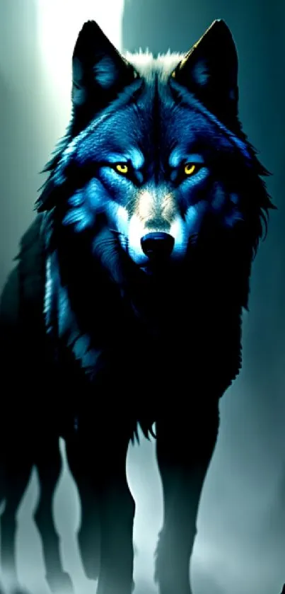 Majestic blue wolf in a mystical forest setting with glowing eyes.