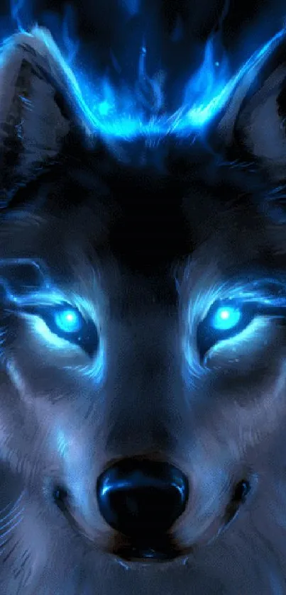 Mystical blue wolf with glowing eyes wallpaper.