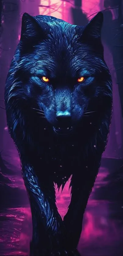 Mystical blue wolf with glowing eyes in a vibrant magenta forest background.