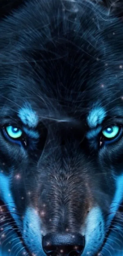 Ethereal blue-eyed wolf with a mystical glow.