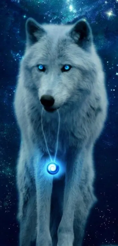 Mystical blue wolf under a starry cosmic sky.