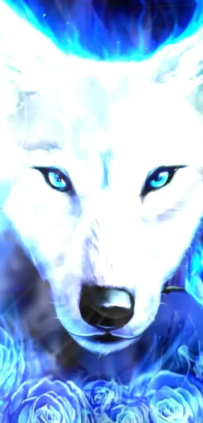 Mystical blue wolf with glowing eyes on a vibrant mobile wallpaper design.