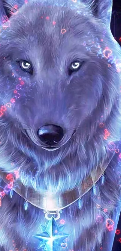 Mystical blue wolf with glowing aura and star pendant in cosmic setting.