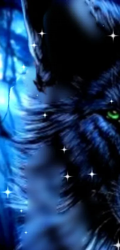 Mystical glowing blue wolf under a starry sky with vibrant colors.