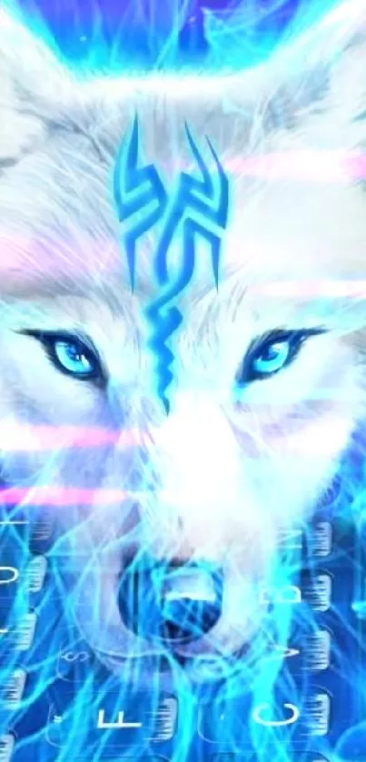 Mystical blue wolf with tribal patterns and glowing eyes as a phone wallpaper.