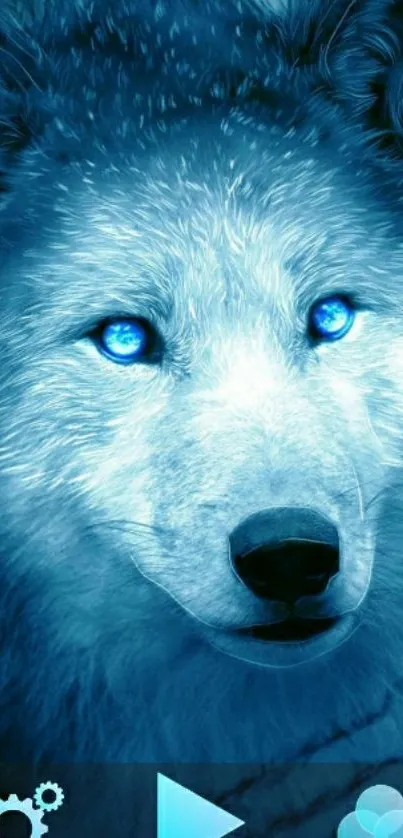 Mystical blue wolf with bright eyes phone wallpaper.