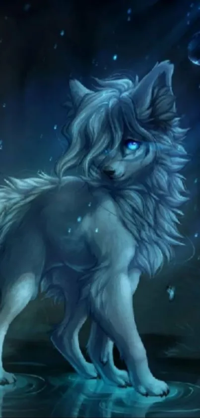 Mystical wolf with glowing blue eyes in a dark, dreamlike forest setting.