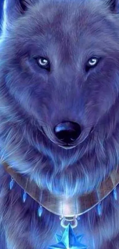 Mystical blue wolf with glowing necklace in vibrant colors.