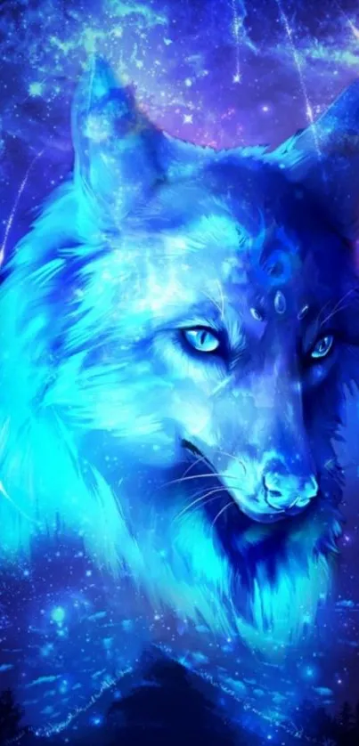 Mystical blue wolf under cosmic starry sky background.