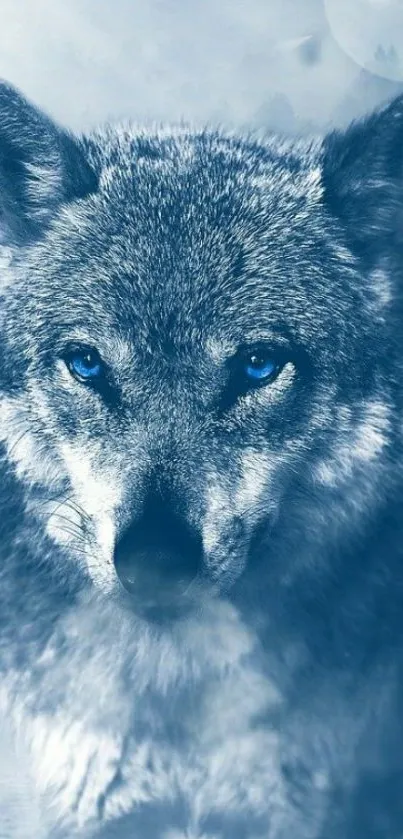 Captivating blue wolf in a mystical forest setting.