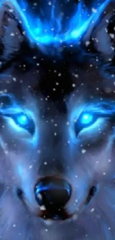 Blue wolf glowing with mystic fire and bright eyes.