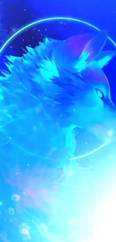 Mystical blue wolf with glowing aura on cosmic background.