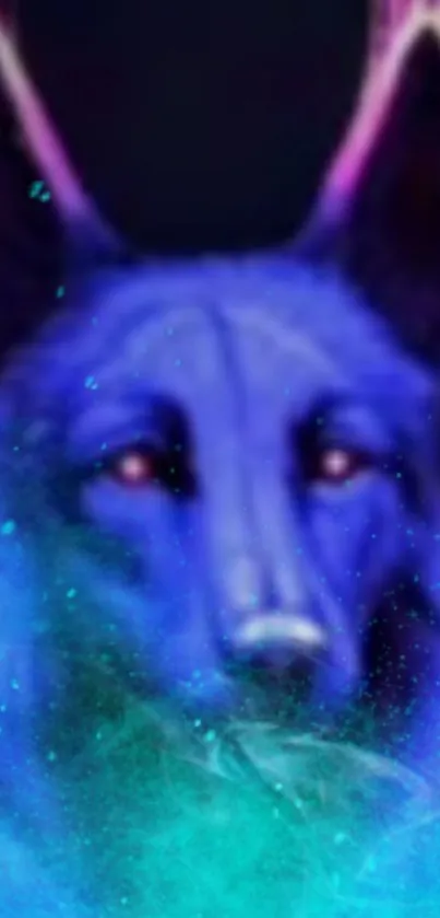 Mystical blue wolf with vibrant glowing aura on a dark background.