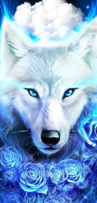 Mystical blue wolf with glowing roses in a fantasy art wallpaper.