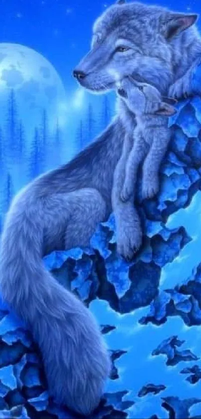 Mystical blue-themed mobile wallpaper with a wolf and moon.