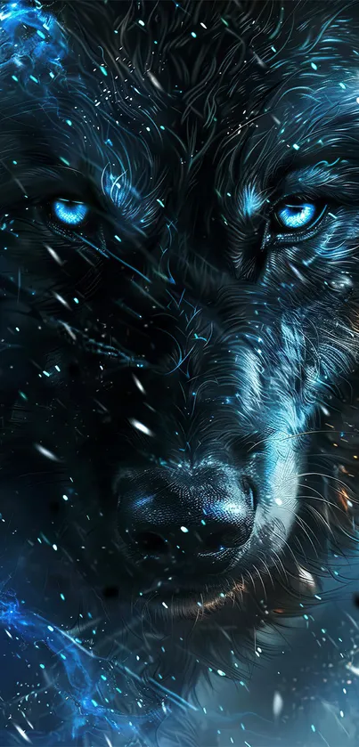 Majestic blue wolf with glowing eyes in digital art.